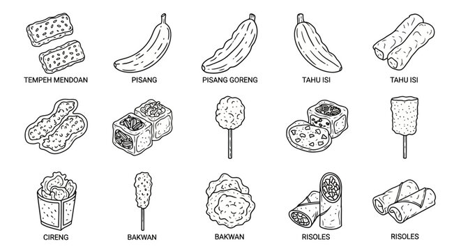 Indonesian Food Illustrations: Tempeh, Banana, Tahu Isi, Risoles, Lumpia