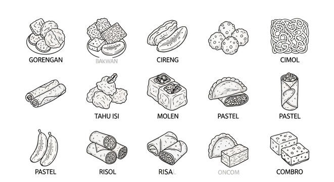 Indonesian Street Food Illustrations: Gorengan, Bakwan, Cireng, Cimol, Pastel
