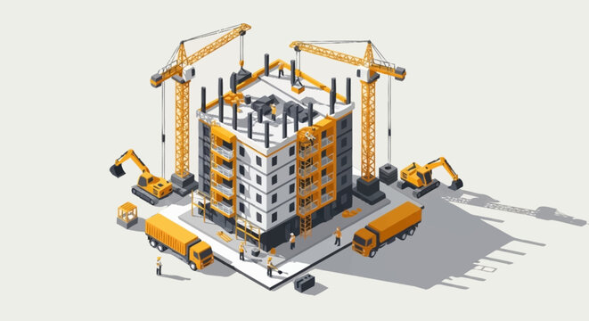 Isometric illustration of a construction site with a building under development, cranes, excavators, and trucks.