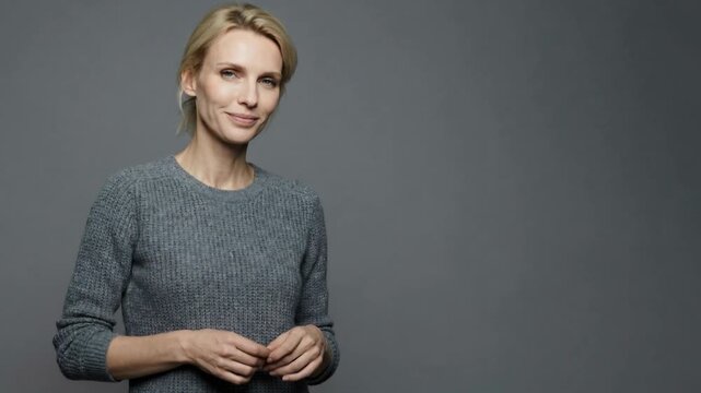 Blonde woman smiles at camera. She projects warmth and confidence. Pure, natural charm.