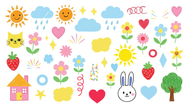 Cheerful crayon drawings of a yellow cat blue bunny rainbow and houses.