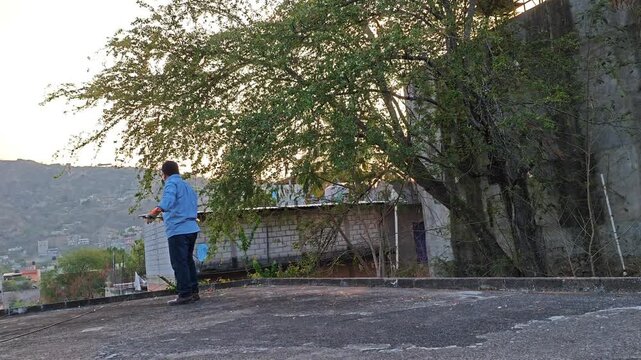 Man pulling pruned tree branches on a rooftop
