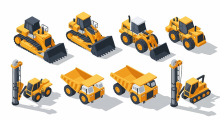 Collection of isometric construction vehicles and equipment on a white background. © Bunga