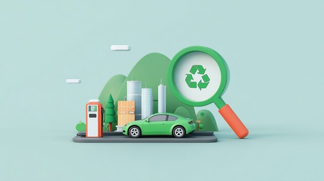 3d illustration of an electric car charging at a station in a sustainable city with a magnifying glass showing a recycling symbol