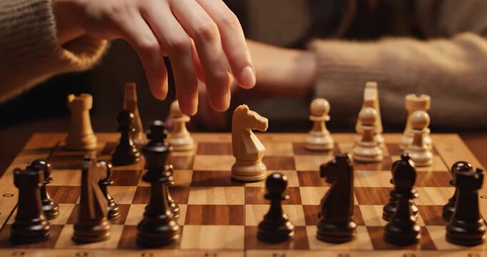 Woman playing chess moving a white bishop piece on a wooden board