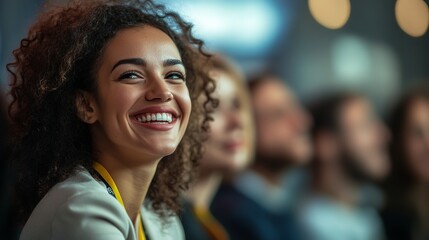 Fototapeta premium A smiling woman with curly hair attends a conference with a group of people in the background.