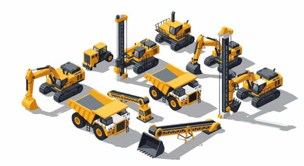 Collection of isometric construction and mining heavy machinery vehicles on a white background. © Buka