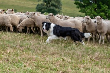 Fototapeta premium Border Collie dog herding sheep on pasture farm