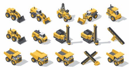 Collection of isometric construction vehicles and machinery, including excavators, dump trucks, and drills, isolated on a white background. © Buka