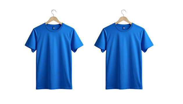 Light blue short-sleeved casual t-shirt displayed on hangers Vector