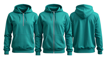Three views of a teal-green zip-up jacket displayed side by side Vector © MDSAJU