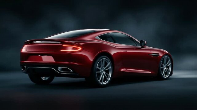 Red sports car on wet ground. It symbolizes speed and luxury. Sleek power.