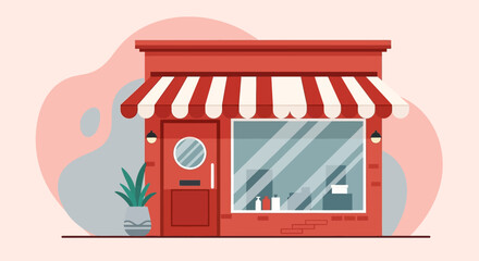 Obraz premium Red storefront with striped awning shop.