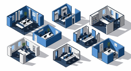 Fototapeta premium Isometric view of modern office spaces with desks, computers, and meeting areas, showcasing different layouts and designs.