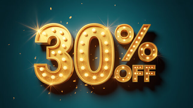Golden 30 percent off marquee sign with glowing light bulbs for promotional sales marketing campaign featuring three dimensional gold lettering on dark teal background with sparkles