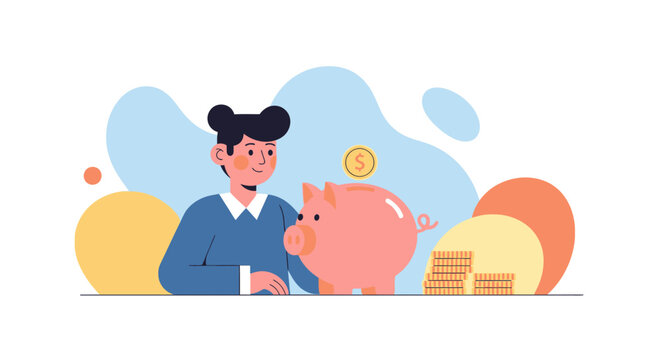 Woman Putting Money into Piggy Bank.