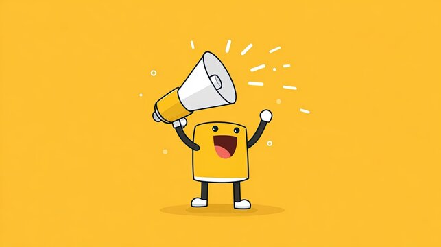 Cute cartoon character holding a megaphone, yellow background, vector illustration, happy mascot shouting, announcement concept, simple flat design