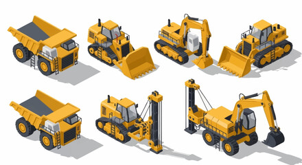 Collection of isometric construction vehicles including dump trucks, excavators, and bulldozers. © Buka