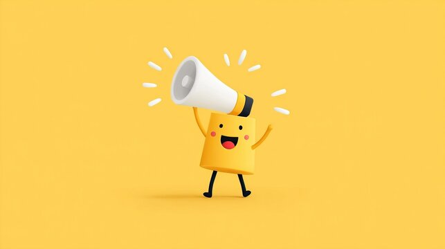 3d illustration of a cute yellow character holding a megaphone, expressing excitement and making an announcement, isolated on a yellow background