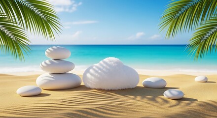 Obraz premium Zen stones stacked on sandy beach with turquoise ocean and palm leaves vector illustration