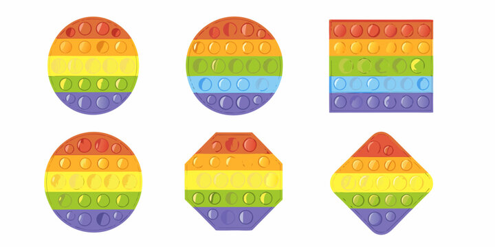 Colorful pop it fidget toys in various shapes arranged on white background