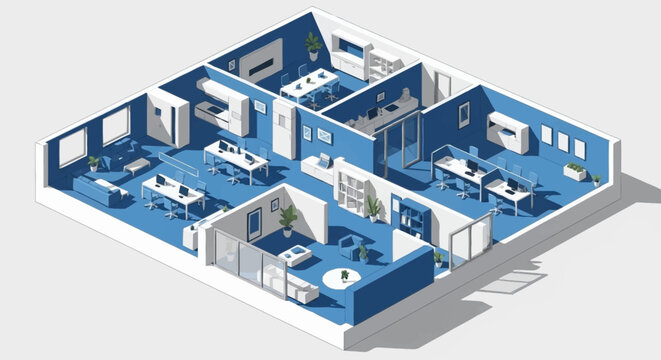 Isometric view of a modern office interior design with blue walls and white furniture, showing workstations and meeting areas.