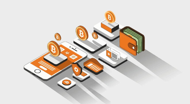 Digital currency and cryptocurrency concept with Bitcoin symbols, smartphone, and wallet in isometric view.