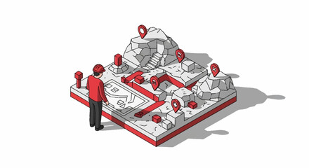 A person in a red hard hat stands before a 3D map with location pins and a winding path. © Bunga