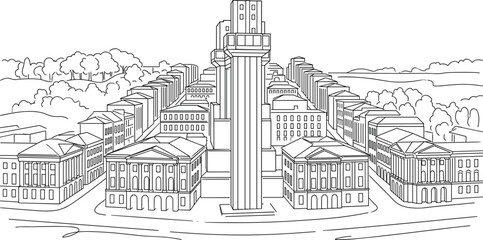 Obraz premium Symmetrical city boulevard with tall central monument tower surrounded by classical buildings detailed architectural line illustration perspective