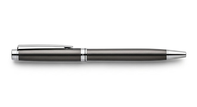 A sleek black pen with silver accents on a white background