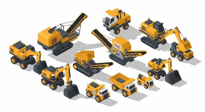Collection of isometric construction and mining heavy machinery vehicles, including excavators, dump trucks, and loaders, on a white background.