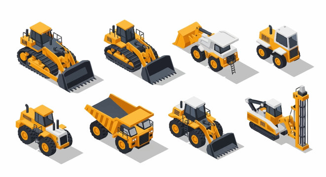 Collection of isometric construction vehicles and heavy machinery in yellow and black colors, isolated on white background.