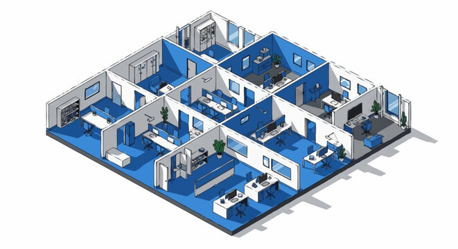 Isometric view of a modern office space divided into multiple work areas and meeting rooms.