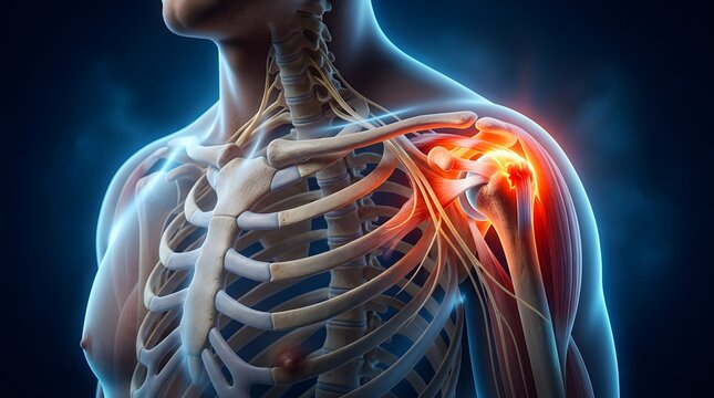 Shoulder Joint Pain with Nerve Inflammation Medical Illustration Highlighting Rotator Cuff Injury