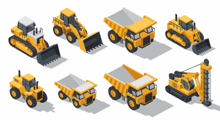 Collection of isometric construction vehicles including excavators, dump trucks, bulldozers, and loaders on a white background. © Bunga