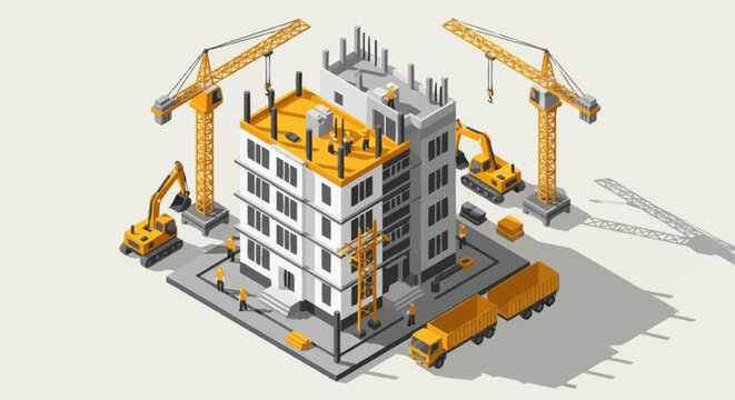 Isometric view of a building under construction with cranes and heavy machinery.