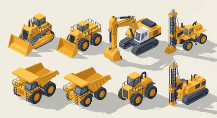Collection of isometric construction vehicles including excavators, dump trucks, bulldozers, and drilling machines. © Bunga