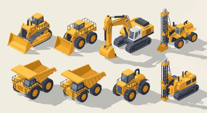 Collection of isometric construction vehicles including excavators, dump trucks, bulldozers, and drilling machines.