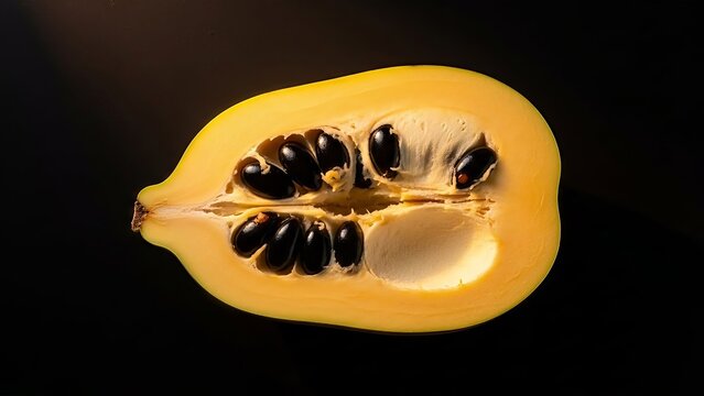 Isolated halved pawpaw fruit revealing its creamy flesh and dark shiny seeds on black backdrop