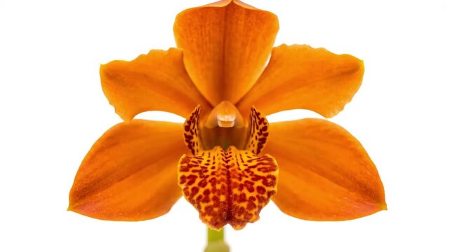 A close-up footage of an orange orchid flower with spotted petals and green stem
