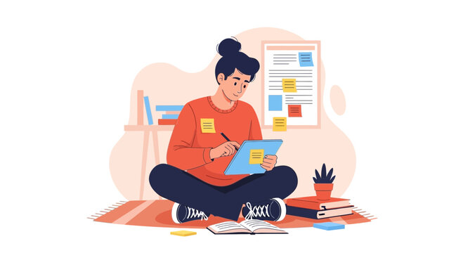 Student studying at home, writing notes, surrounded by books and study materials