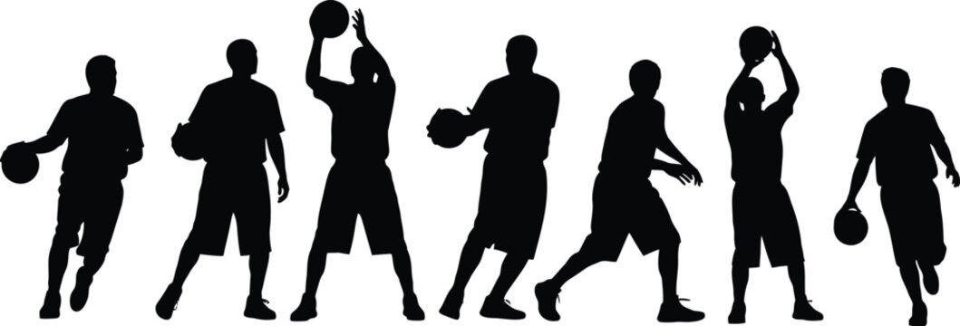 Basketball players silhouettes set action poses isolated on white background