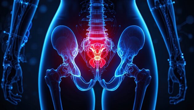 Human Pelvis Anatomy with Highlighted Sacroiliac Joint Pain Indication, 3D Rendering