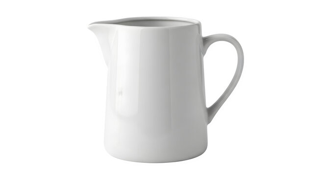 A white ceramic jug with a handle on a plain surface