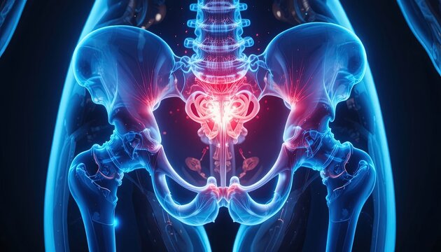 Detailed X-Ray Illustration of Lower Back and Hip Bone Anatomy with Highlighted Pain Points in Red