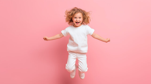 Jumping Child on Pink Background