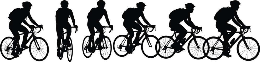 Fototapeta premium Cyclist silhouettes set riding bicycle action poses isolated on white background