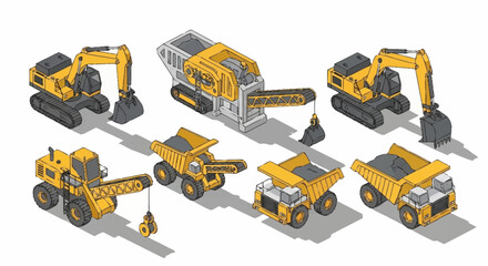 Isometric illustration of construction and mining vehicles including excavators, dump trucks, and a crusher. © Bunga