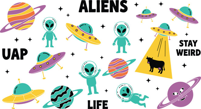 Alien and UFO Vector Illustration Set &ndash; Cute Extraterrestrials, Flying Saucers, Planets, and Abduction Scene in Space Theme