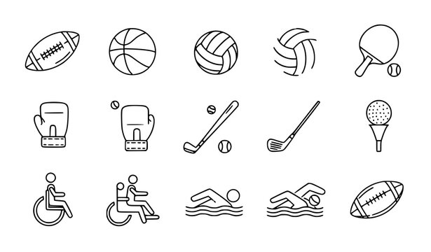 Sports icon set football basketball golf boxing parasports line vector illustration